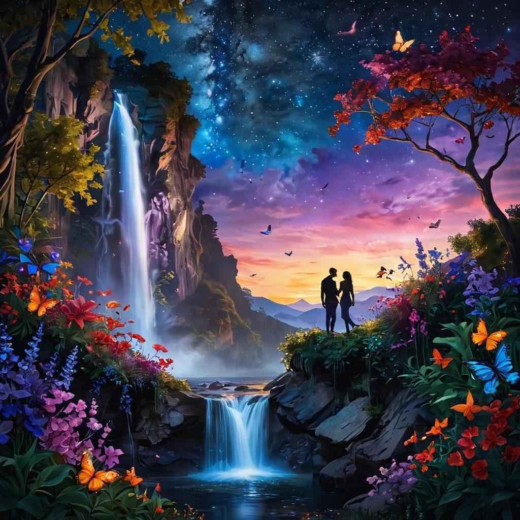 A lush, enchanting landscape merging vibrant flowers and cascading waterfalls, with a couple depicted in a passionate embrace under a starry twilight sky. The atmosphere radiates a sense of freedom and desire, with soft, warm lighting highlighting their silhouettes. Ethereal butterflies flutter around them, symbolizing love and transformation. super-realistic. vibrant colors. 3D.