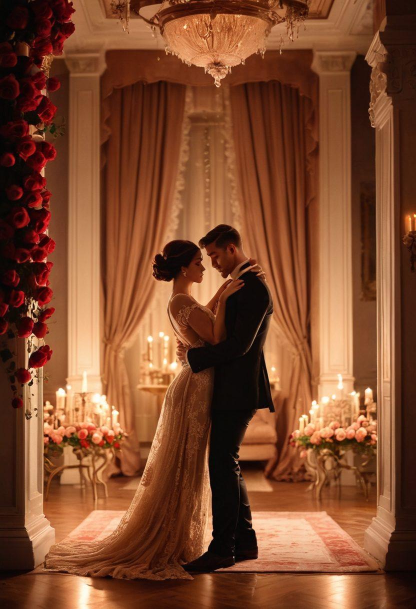 A sensual scene depicting an elegant couple engaged in a flirtatious dance under soft candlelight, surrounded by romantic decor like roses and lace. The atmosphere is filled with an air of mystery and allure, showcasing subtle hints of kink through stylish accessories. The color palette should blend deep reds and soft golds, enhancing the intimate vibe. Art style reminiscent of classic oil paintings with a touch of modern elegance.